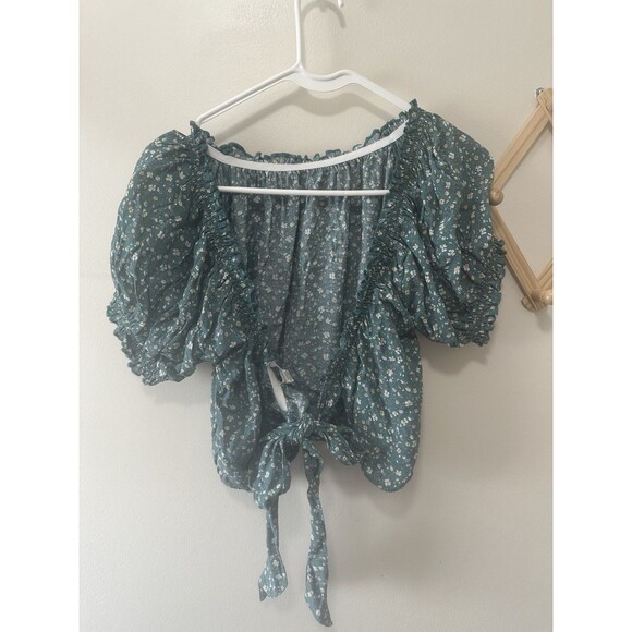 American Eagle Top Woman's Blouse Green Floral Tie Open Back Cropped Size  M New - Picture 5 of 7